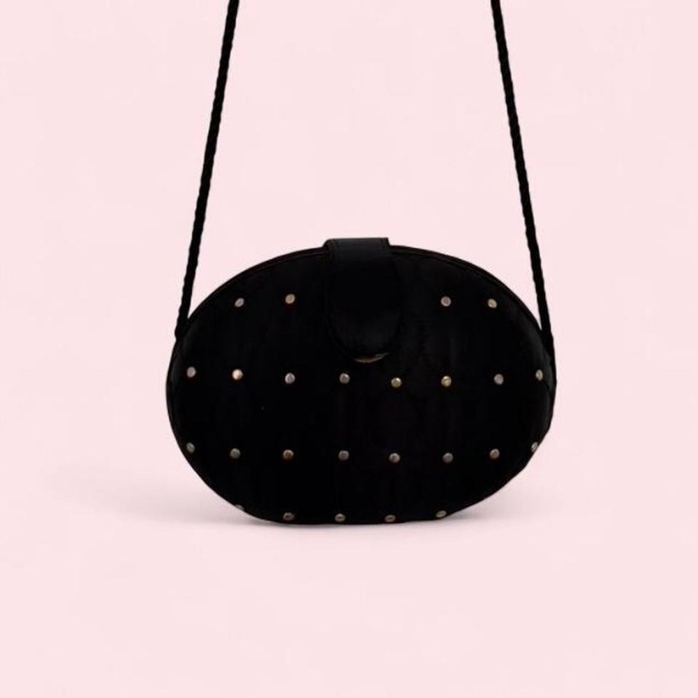 Vintage Black Quilted Studded Oval Crossbody Bag w/ Gold‎ Hardware